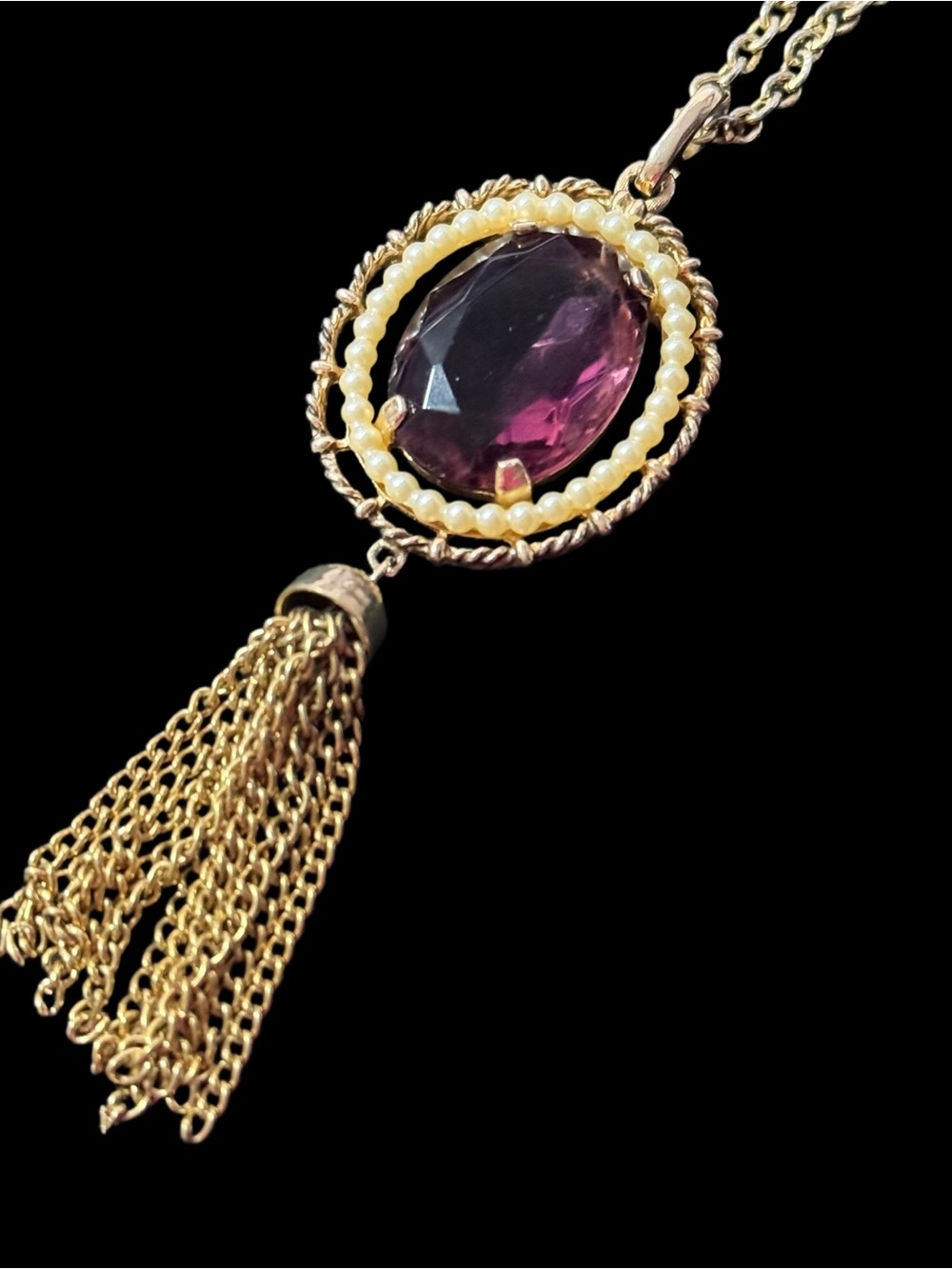 ✨Beautiful Gold Tassel Necklace with Purple Stone and Pearl Halo